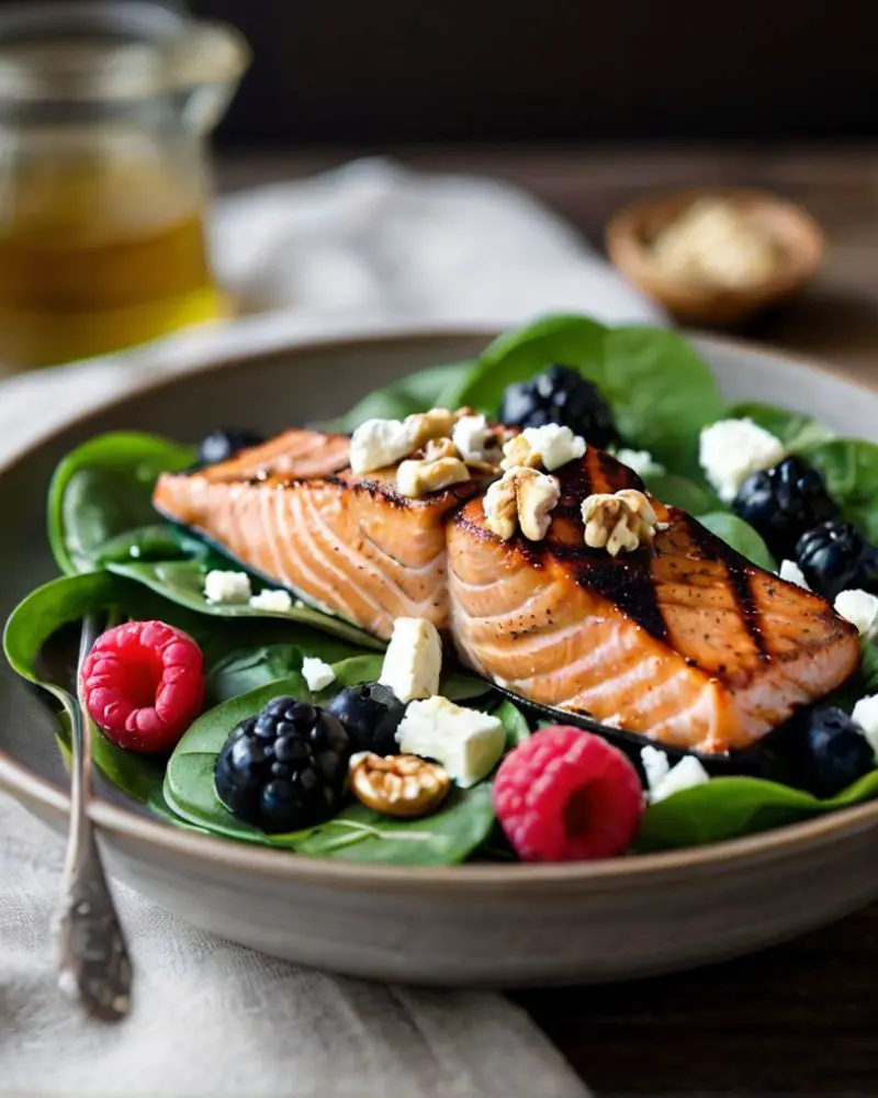 Berry Spinach Salad with Grilled Salmon
